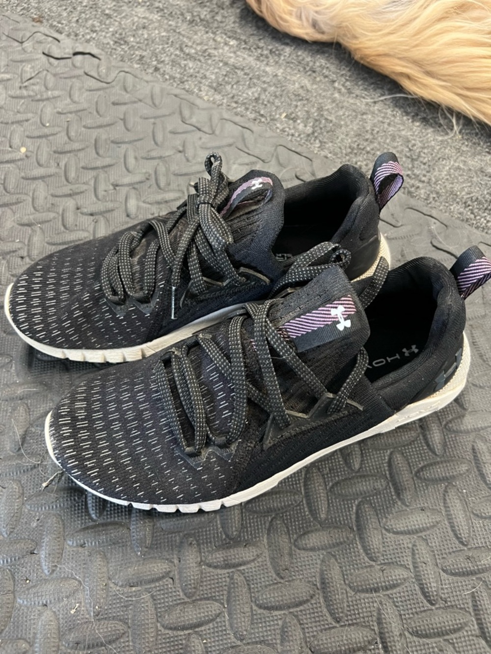 Under Armour Women’s Black Sneakers with Purple Pull Tabs